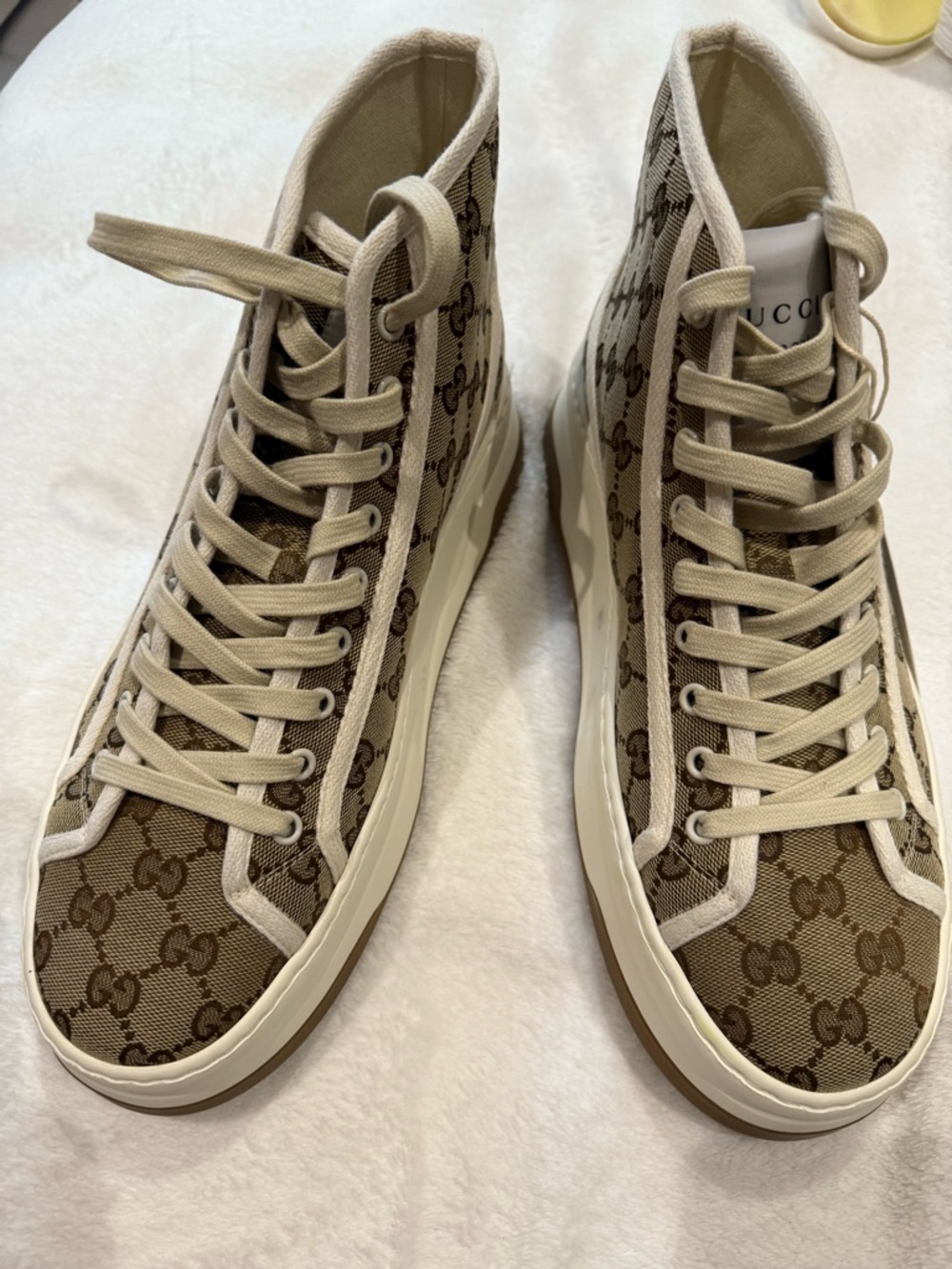 Gucci Beige Brown GG Monogram High-Top Sneakers